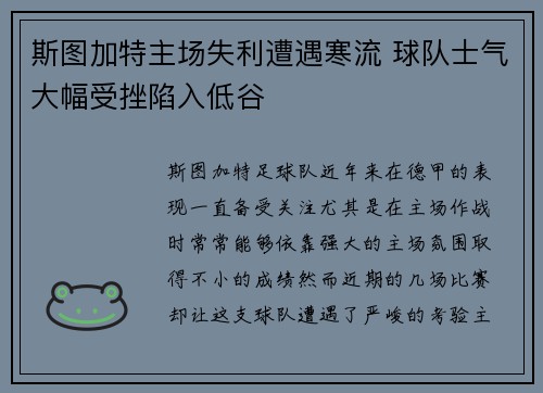 斯图加特主场失利遭遇寒流 球队士气大幅受挫陷入低谷