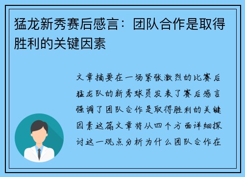 猛龙新秀赛后感言：团队合作是取得胜利的关键因素